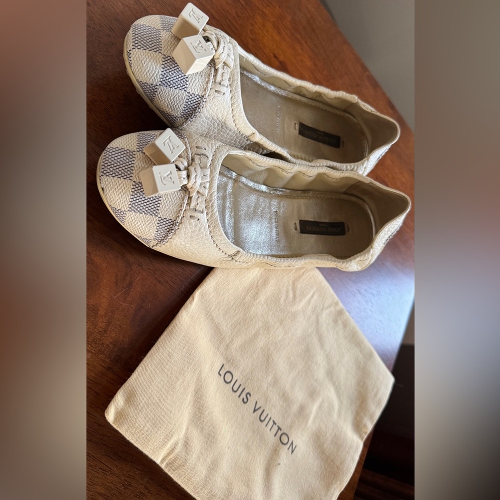 Louis Vuitton Damier Azur Leather Lovely Scrunch LV Cube Ballet Flats size 37